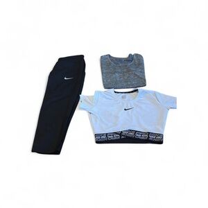 Nike 3 piece Women’s activewear White Crop Top, gray shirt and Black Capris EUC